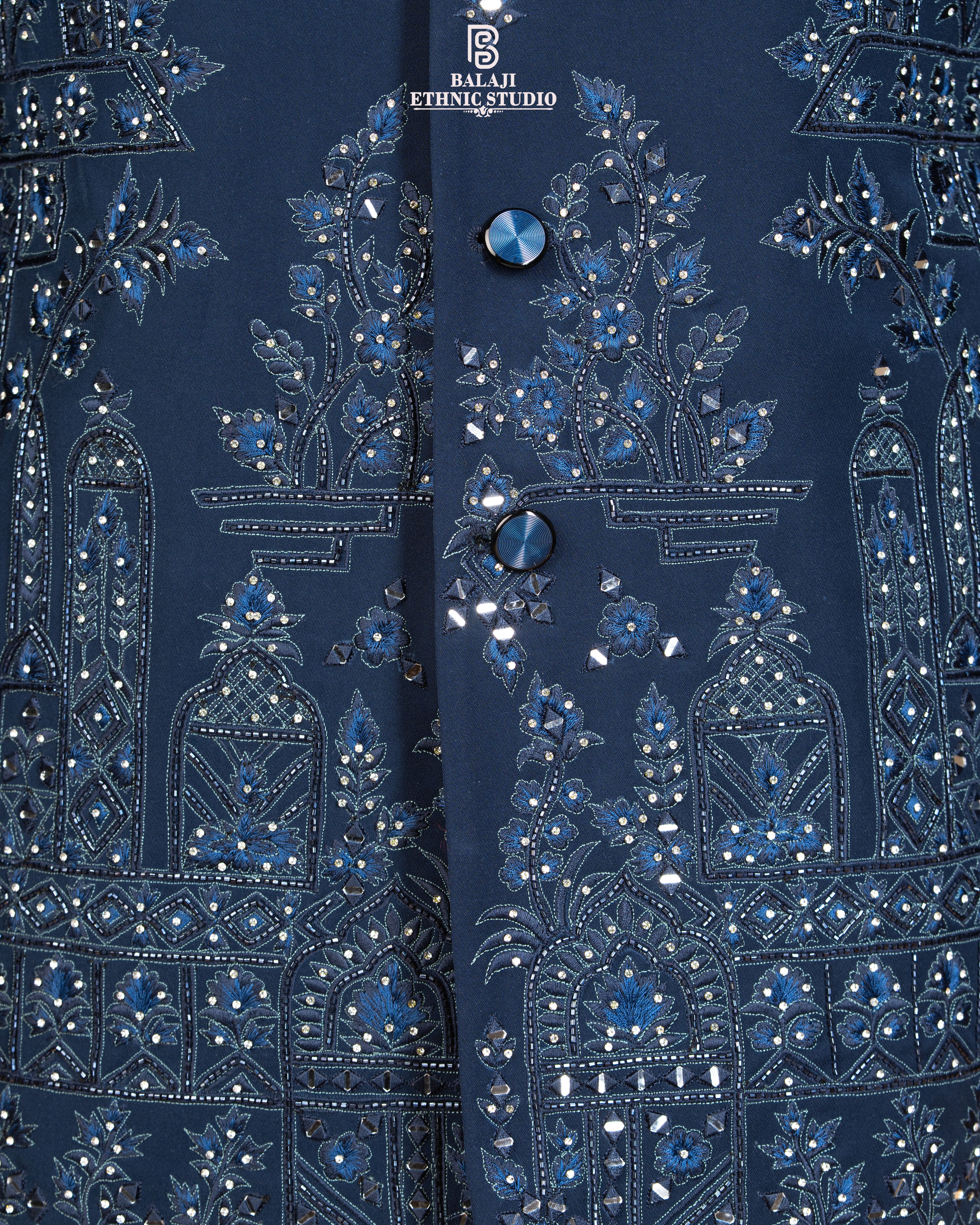 Steel Blue Closed Jodhpuri Suit with Mirror & Embroidery Work