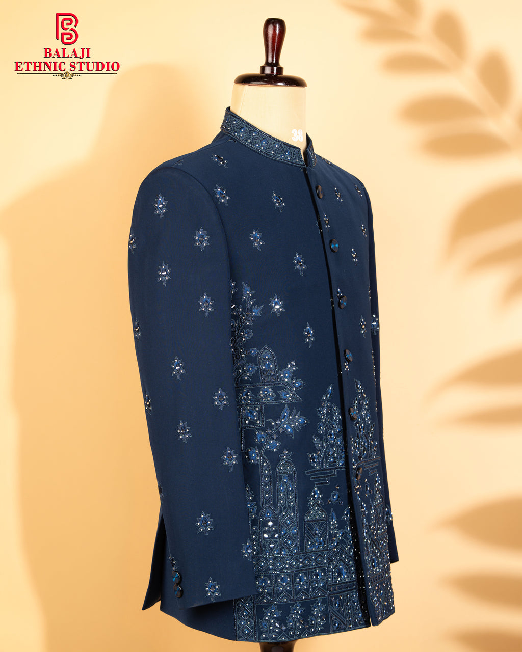Steel Blue Closed Jodhpuri Suit with Mirror & Embroidery Work
