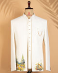 Off White Open Jodhpuri Suit with Scenic Print & Bead Work (Armani Fabric)