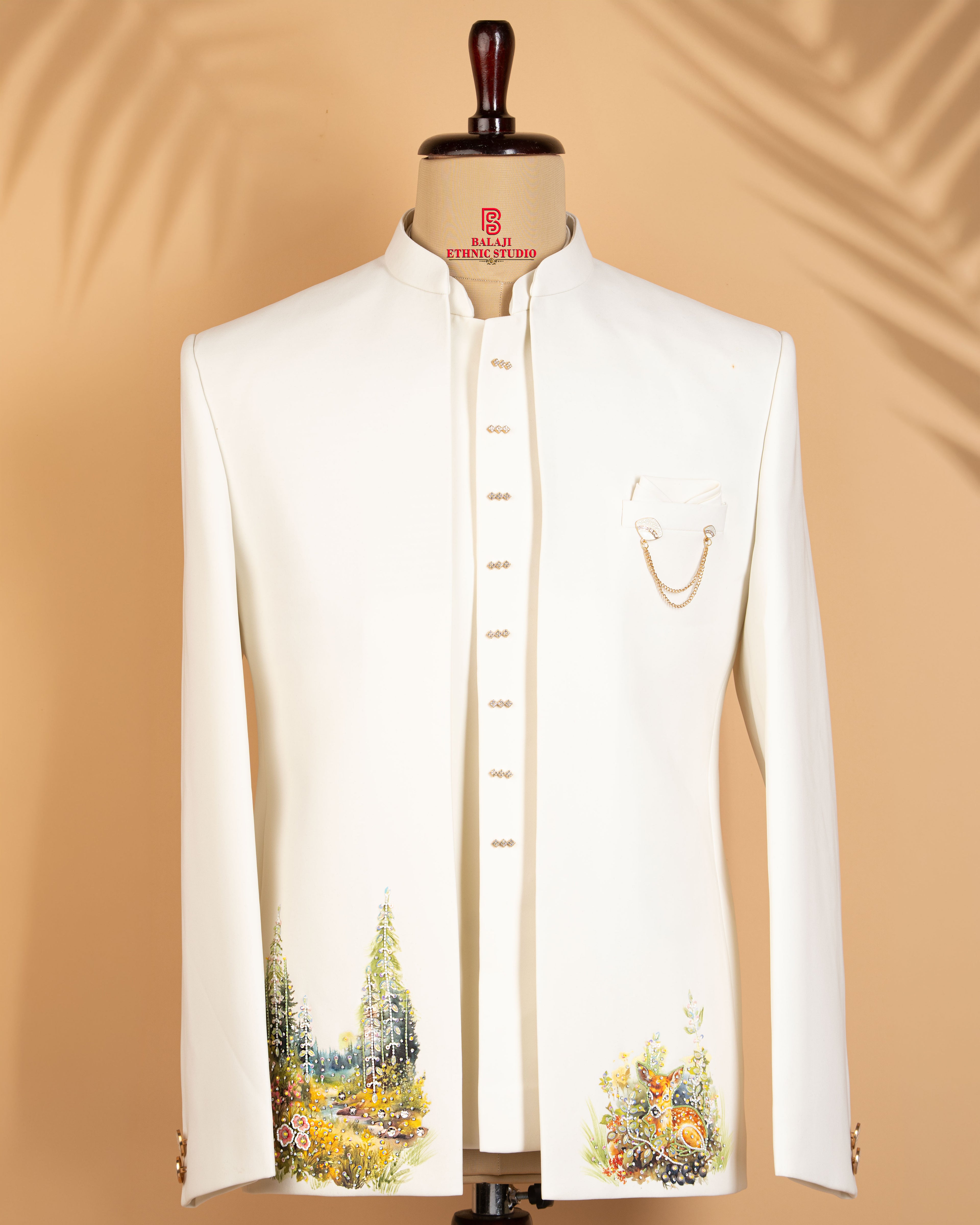 Off White Open Jodhpuri Suit with Scenic Print & Bead Work (Armani Fabric)
