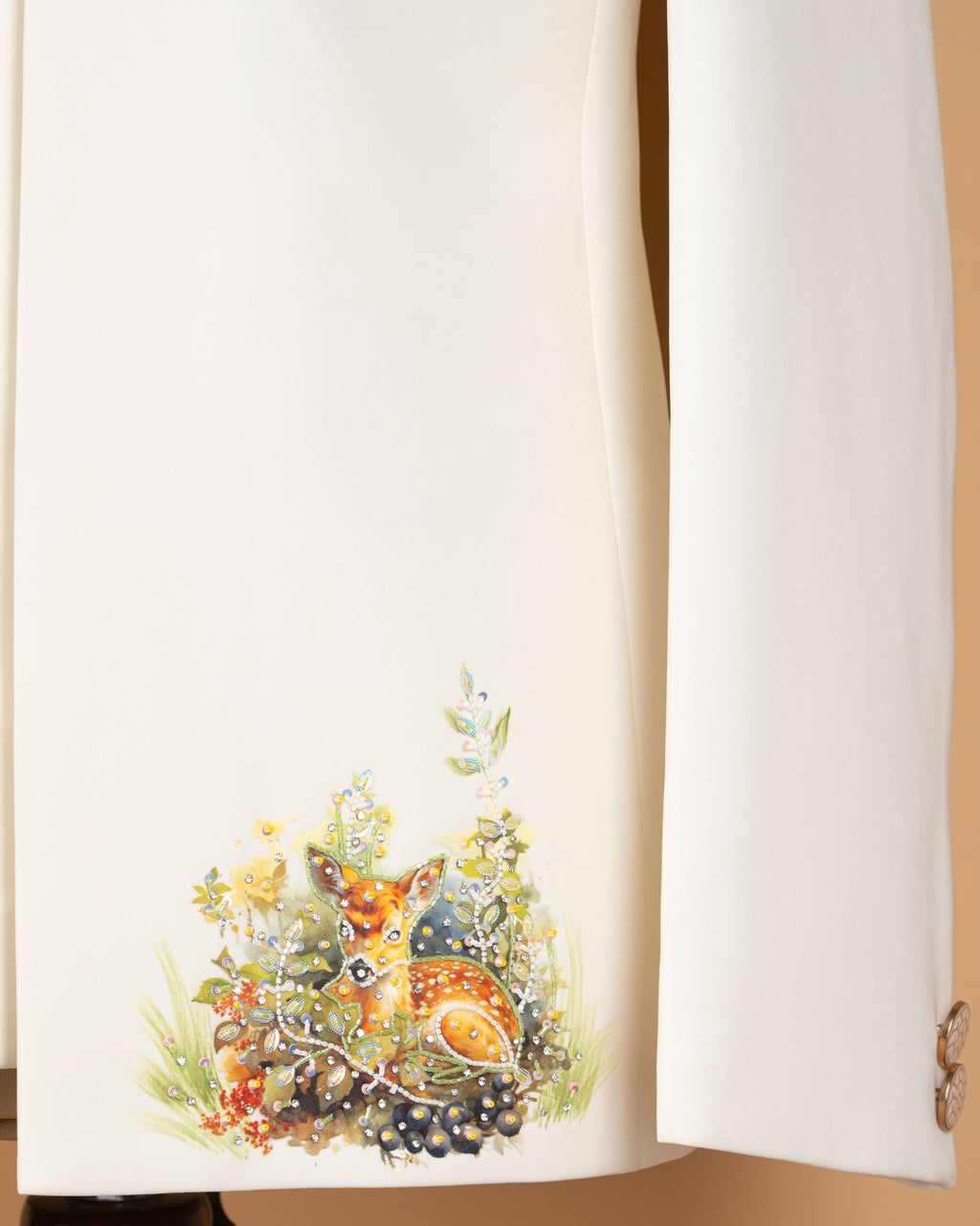 Off White Open Jodhpuri Suit with Scenic Print & Bead Work (Armani Fabric)