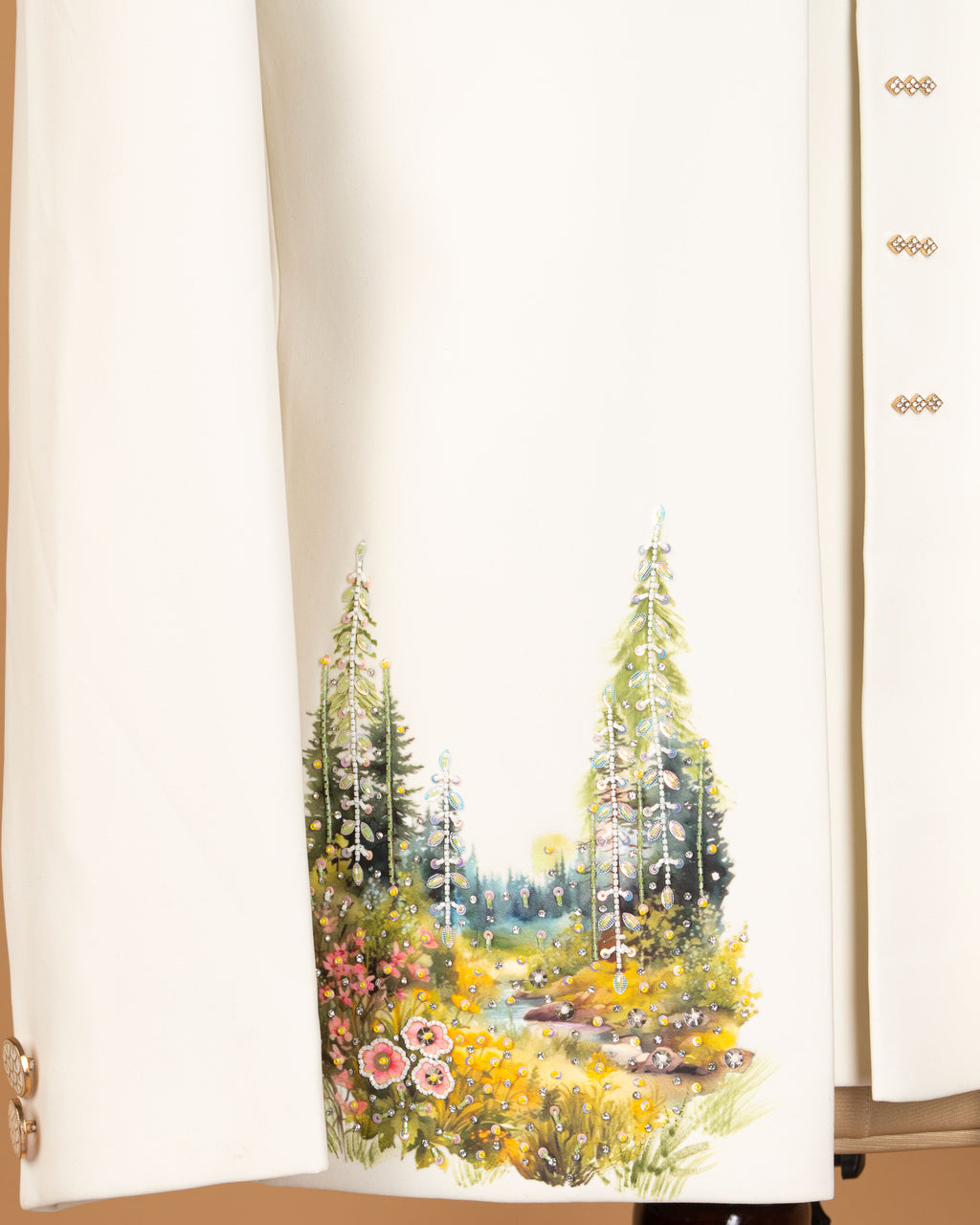 Off White Open Jodhpuri Suit with Scenic Print & Bead Work (Armani Fabric)