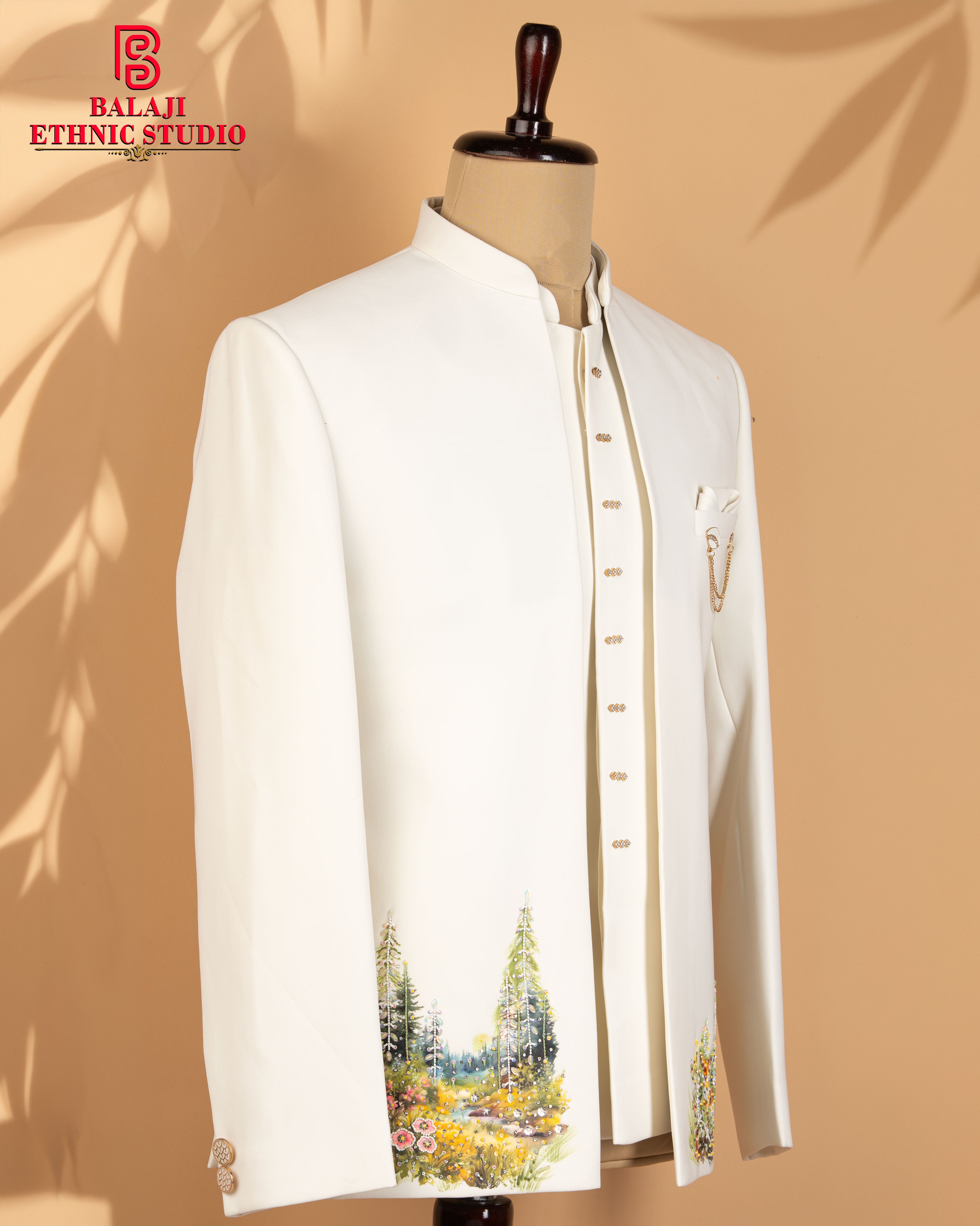 Off White Open Jodhpuri Suit with Scenic Print & Bead Work (Armani Fabric)