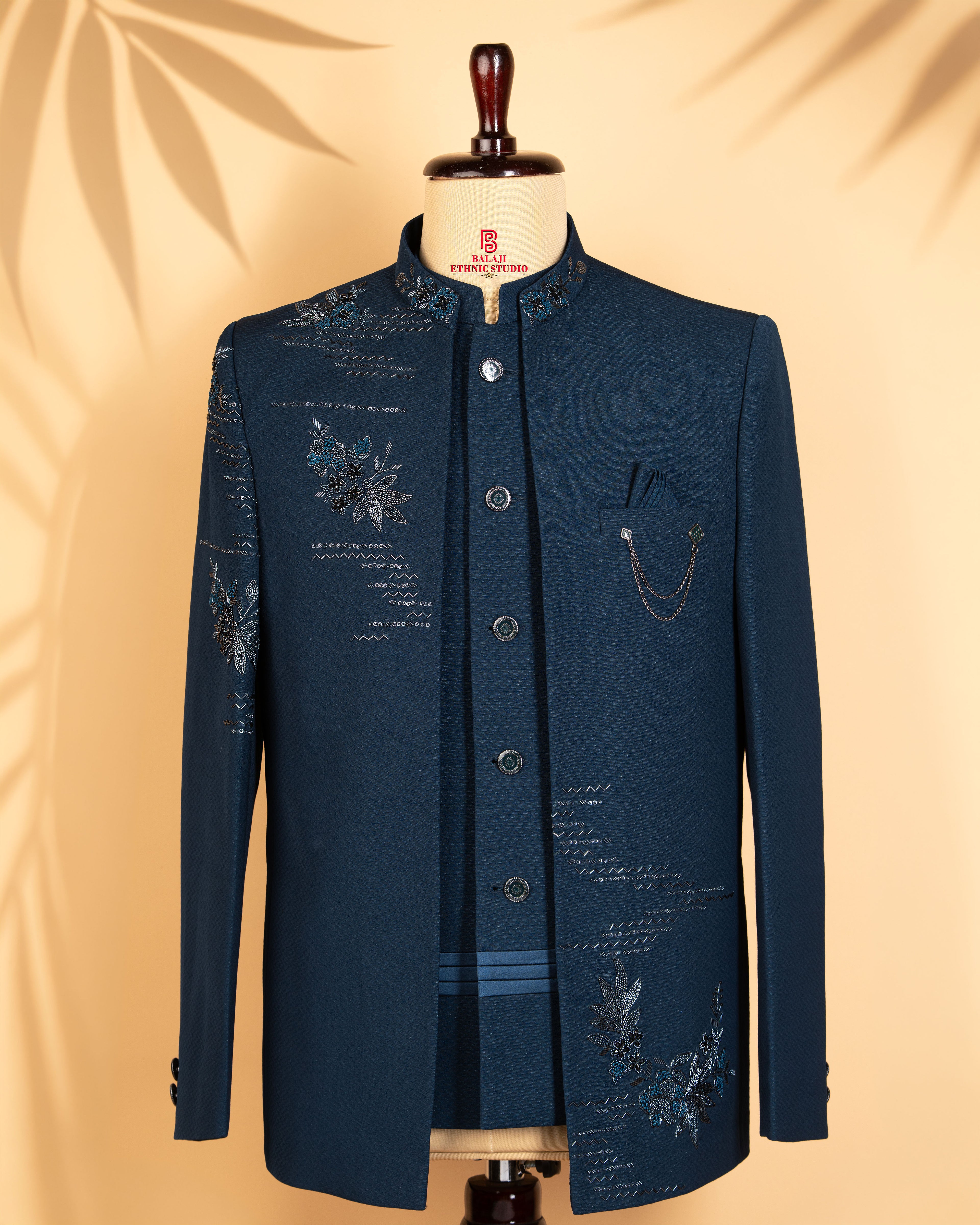 Navy Blue Open Jodhpuri Suit with Hand Embroidery & Bead Work (Armani Fabric)