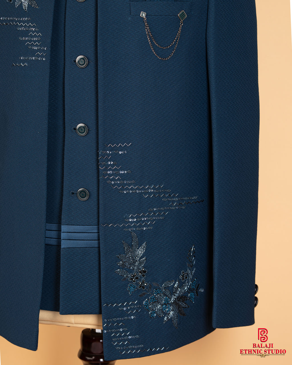 Navy Blue Open Jodhpuri Suit with Hand Embroidery & Bead Work (Armani Fabric)
