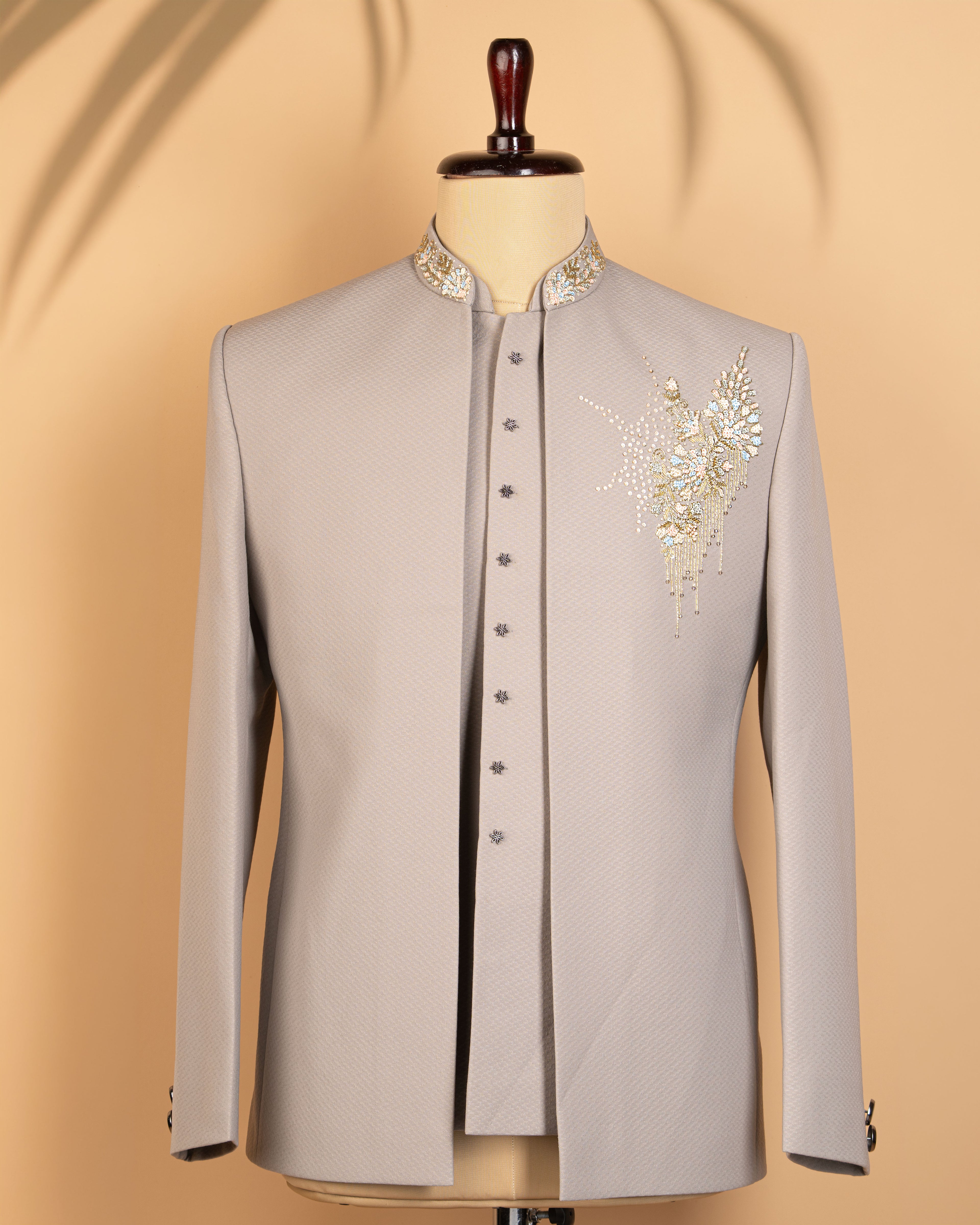 Light Grey Open Jodhpuri Suit with Kardana & Embroidery Work (Italian Texture Fabric)
