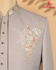 Light Grey Open Jodhpuri Suit with Kardana & Embroidery Work (Italian Texture Fabric)