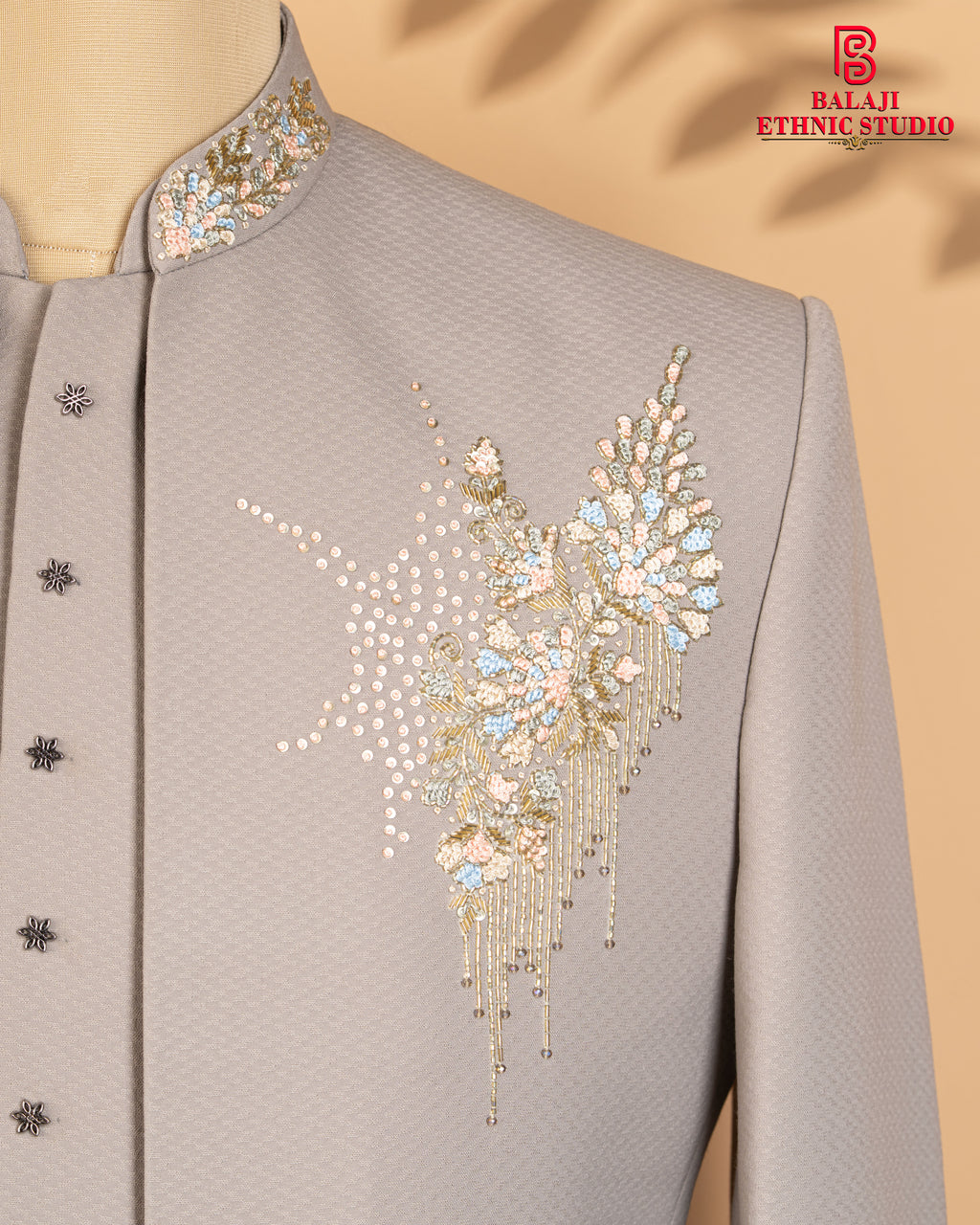 Light Grey Open Jodhpuri Suit with Kardana & Embroidery Work (Italian Texture Fabric)