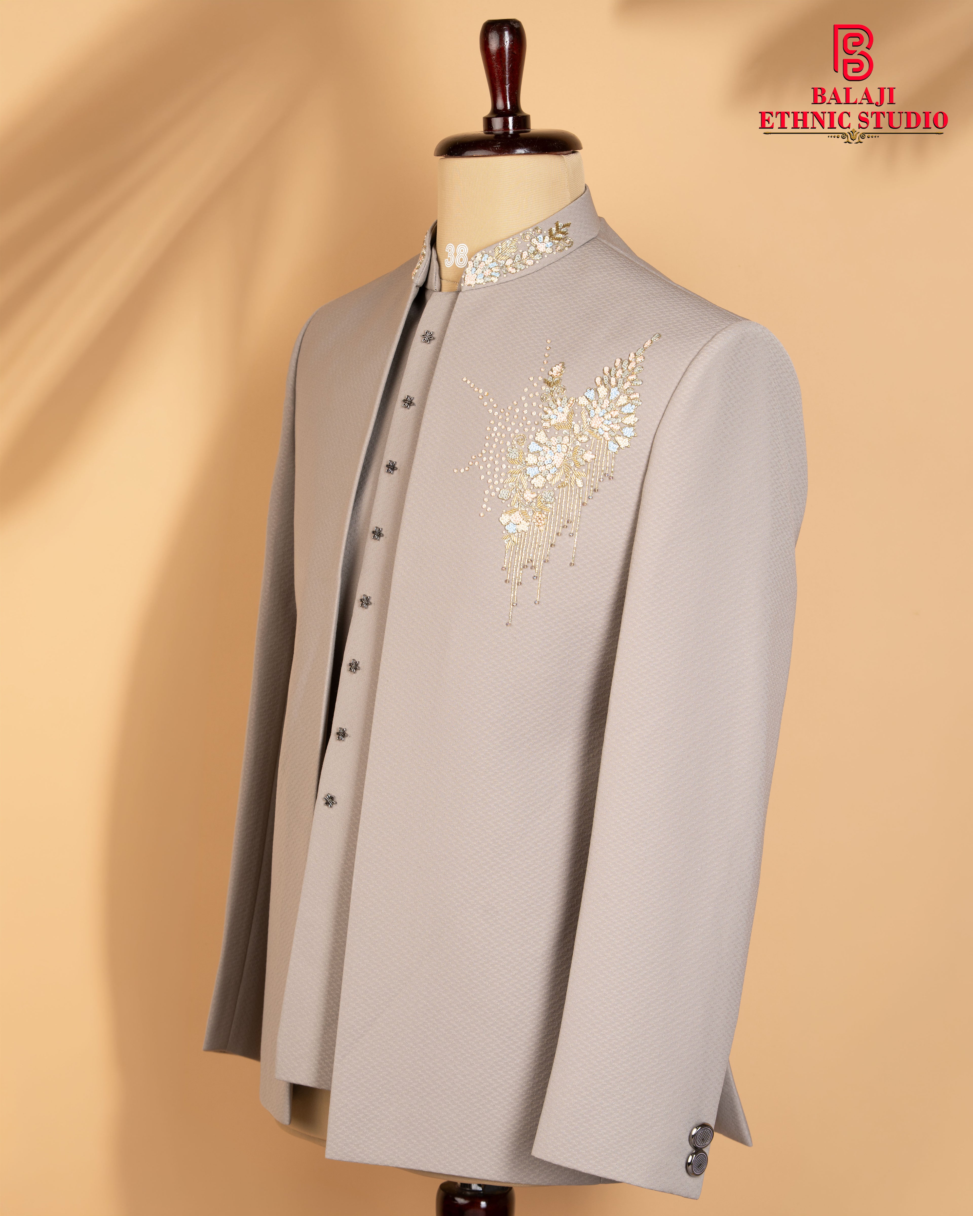 Light Grey Open Jodhpuri Suit with Kardana & Embroidery Work (Italian Texture Fabric)