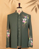 Bottle Green Open Jodhpuri Suit with Peacock & Floral Bead Work (Armani Fabric)