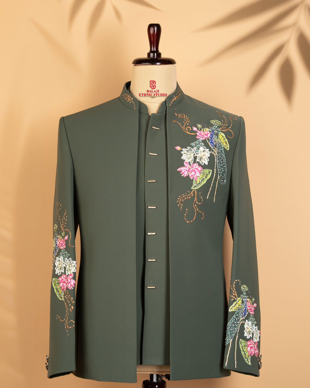 Bottle Green Open Jodhpuri Suit with Peacock & Floral Bead Work (Armani Fabric)