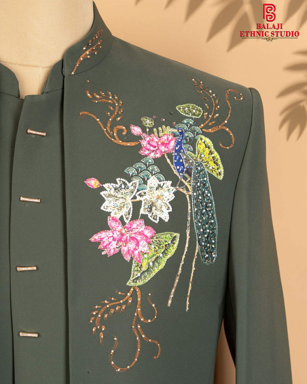 Bottle Green Open Jodhpuri Suit with Peacock & Floral Bead Work (Armani Fabric)