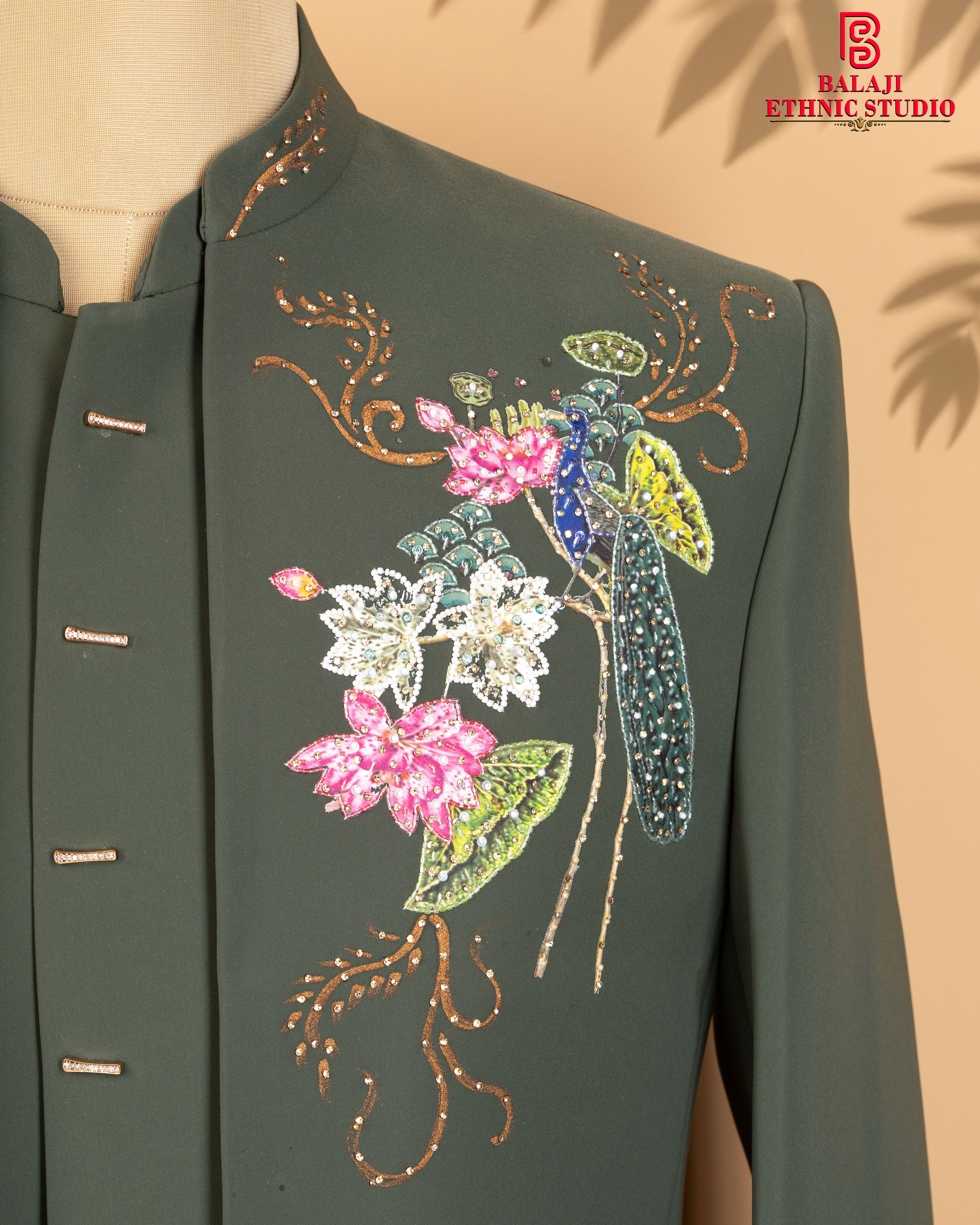 Bottle Green Open Jodhpuri Suit with Peacock & Floral Bead Work (Armani Fabric)