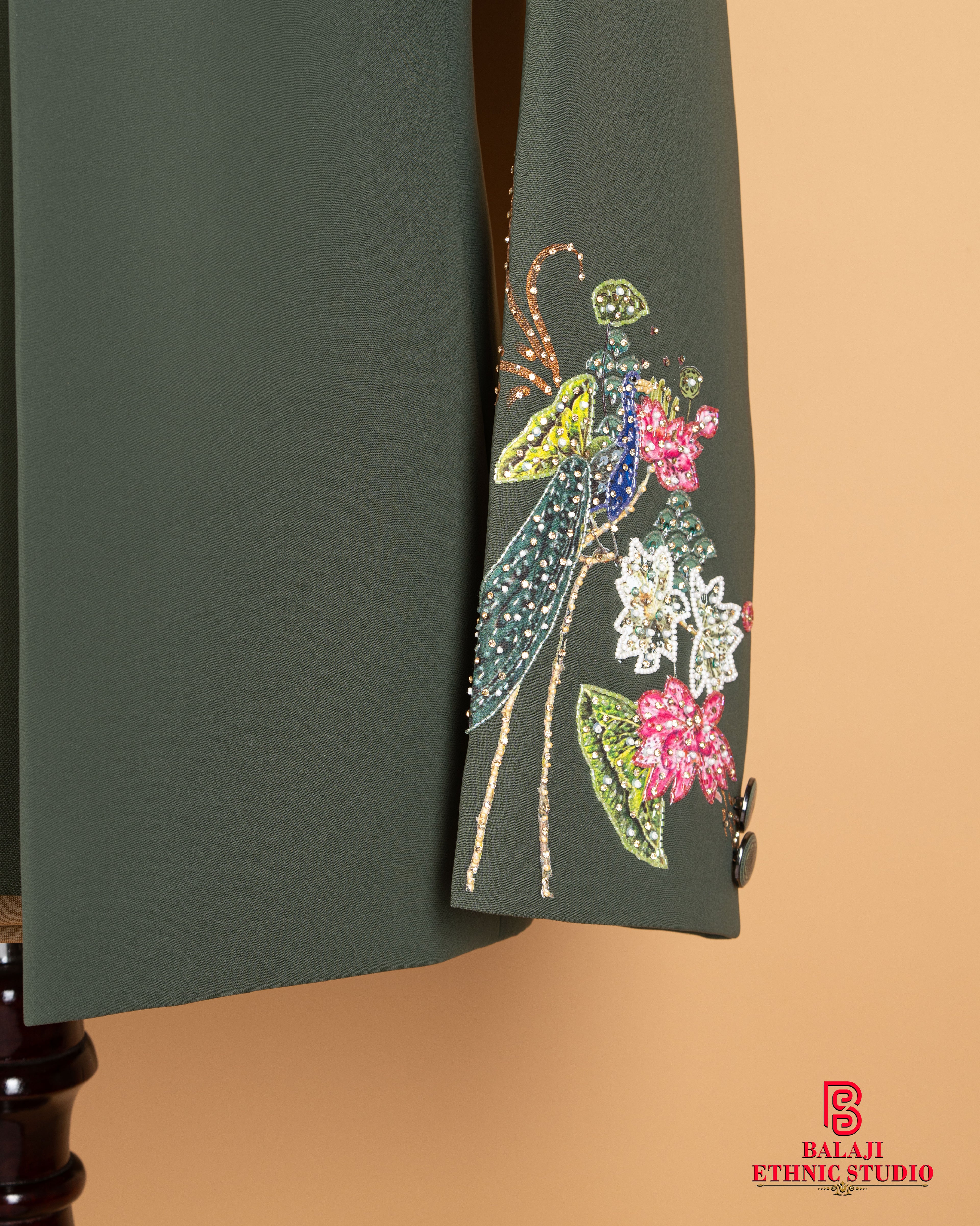 Bottle Green Open Jodhpuri Suit with Peacock & Floral Bead Work (Armani Fabric)