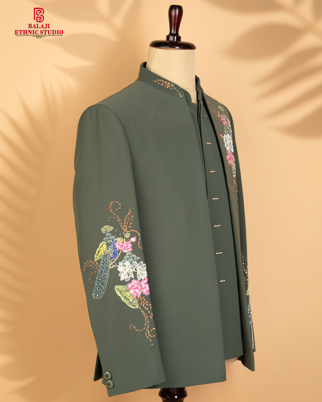 Bottle Green Open Jodhpuri Suit with Peacock & Floral Bead Work (Armani Fabric)