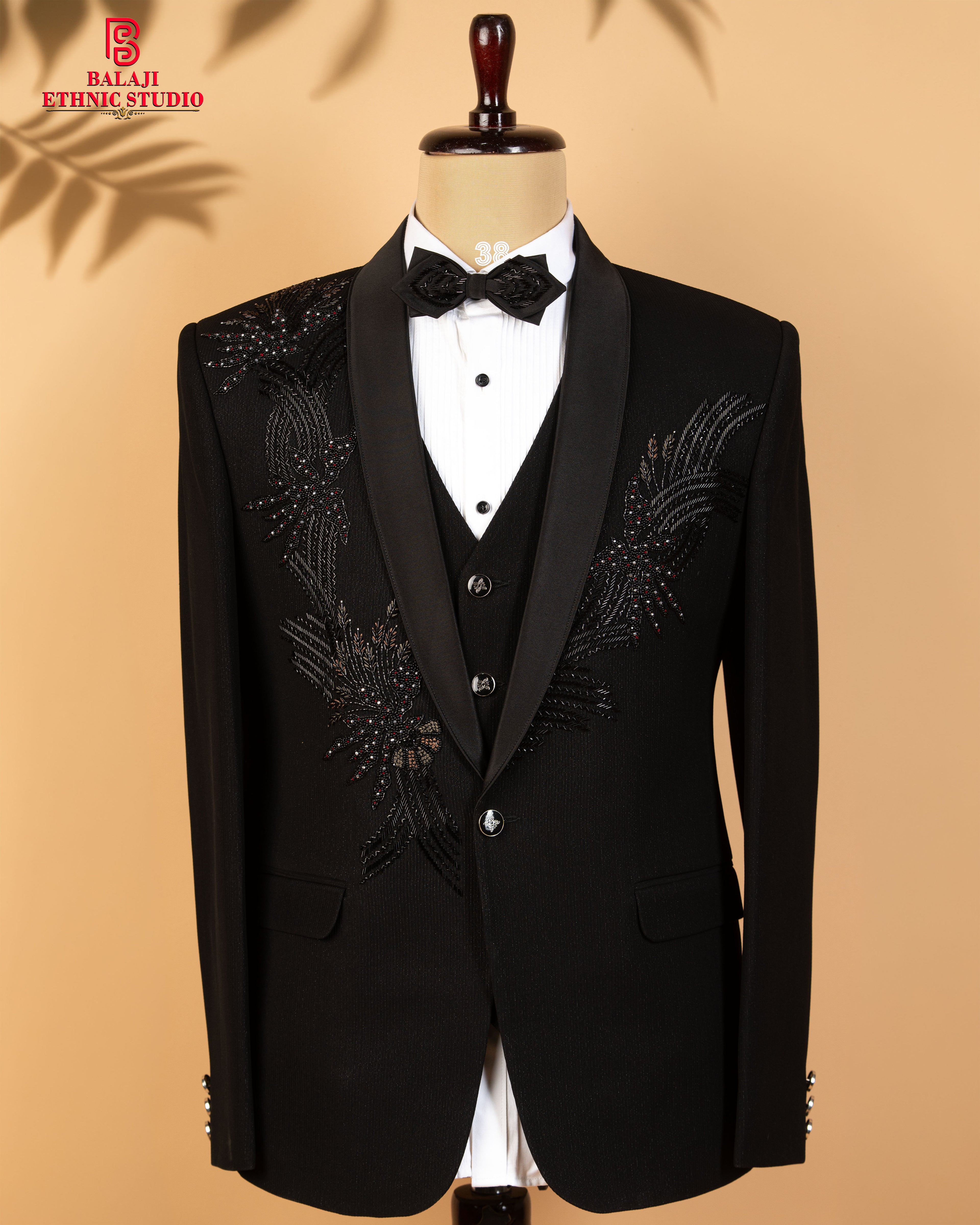Black Armani Fabric 3-Piece Tuxedo Suit with Kardana & Bead Work