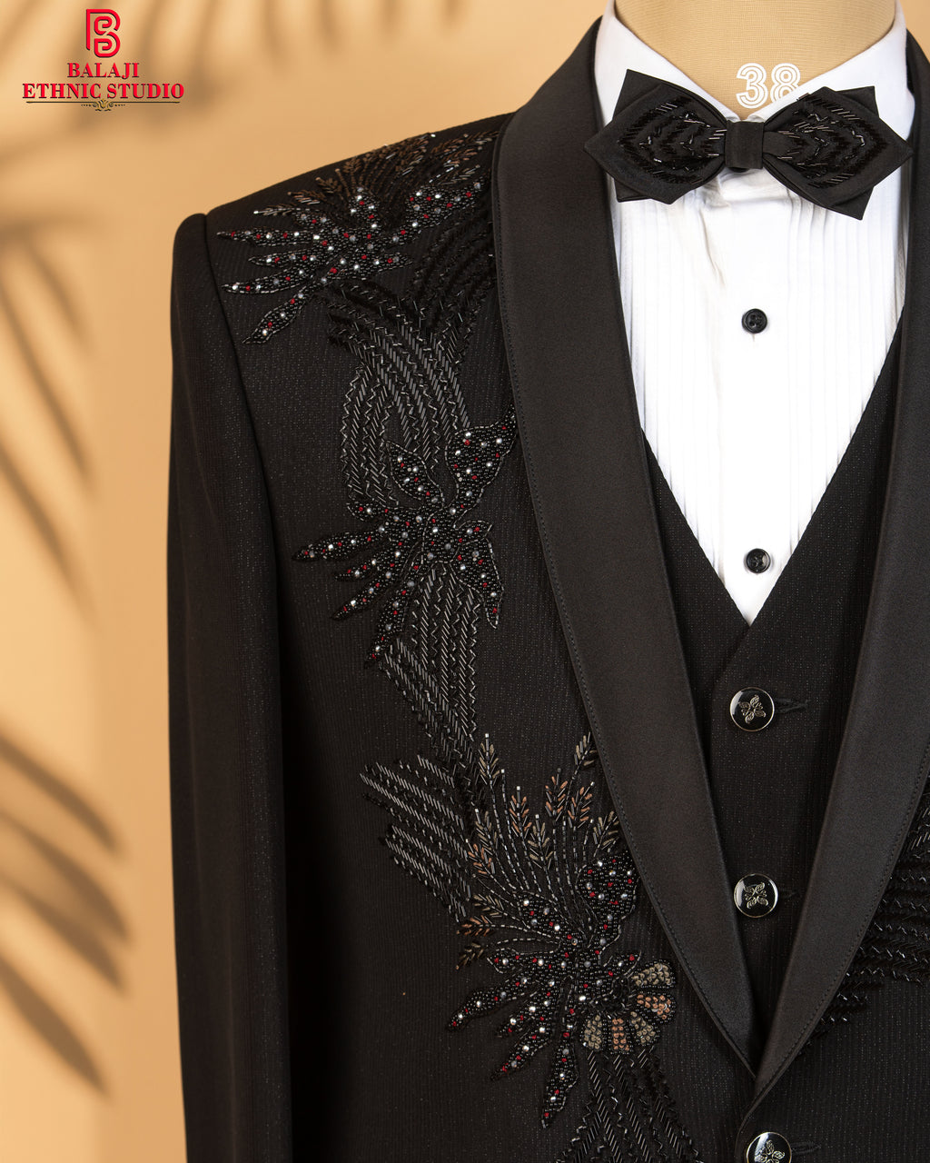 Black Armani Fabric 3-Piece Tuxedo Suit with Kardana & Bead Work
