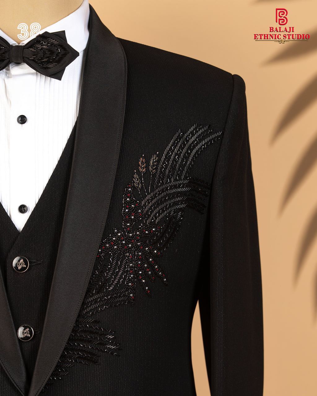 Black Armani Fabric 3-Piece Tuxedo Suit with Kardana & Bead Work