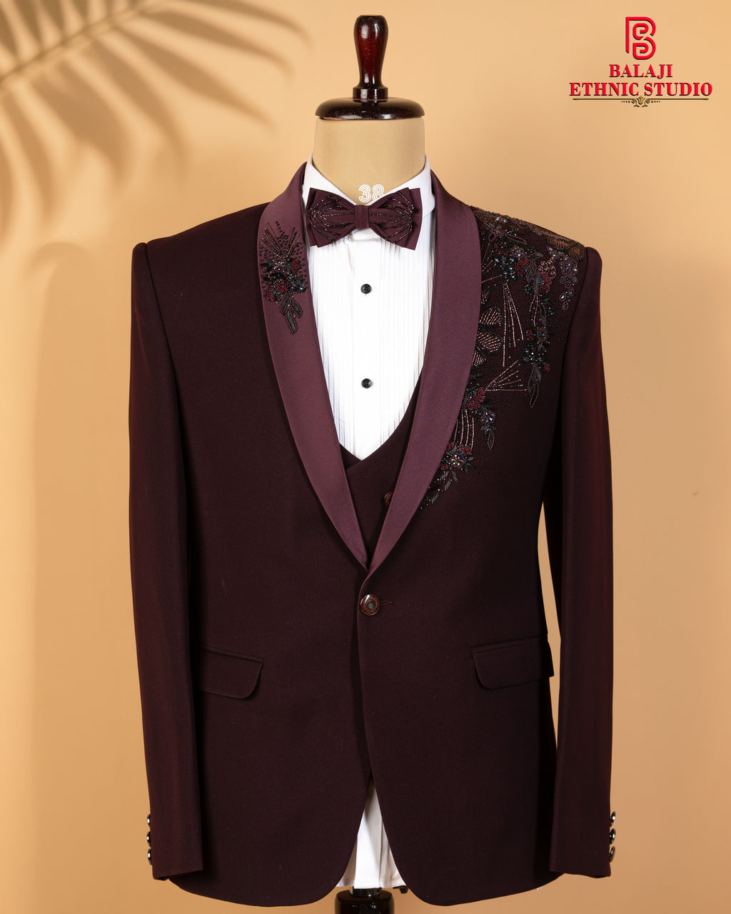 Maroon Armani Fabric 3-Piece Tuxedo Suit with Kardana, Beads & Embroidery Work