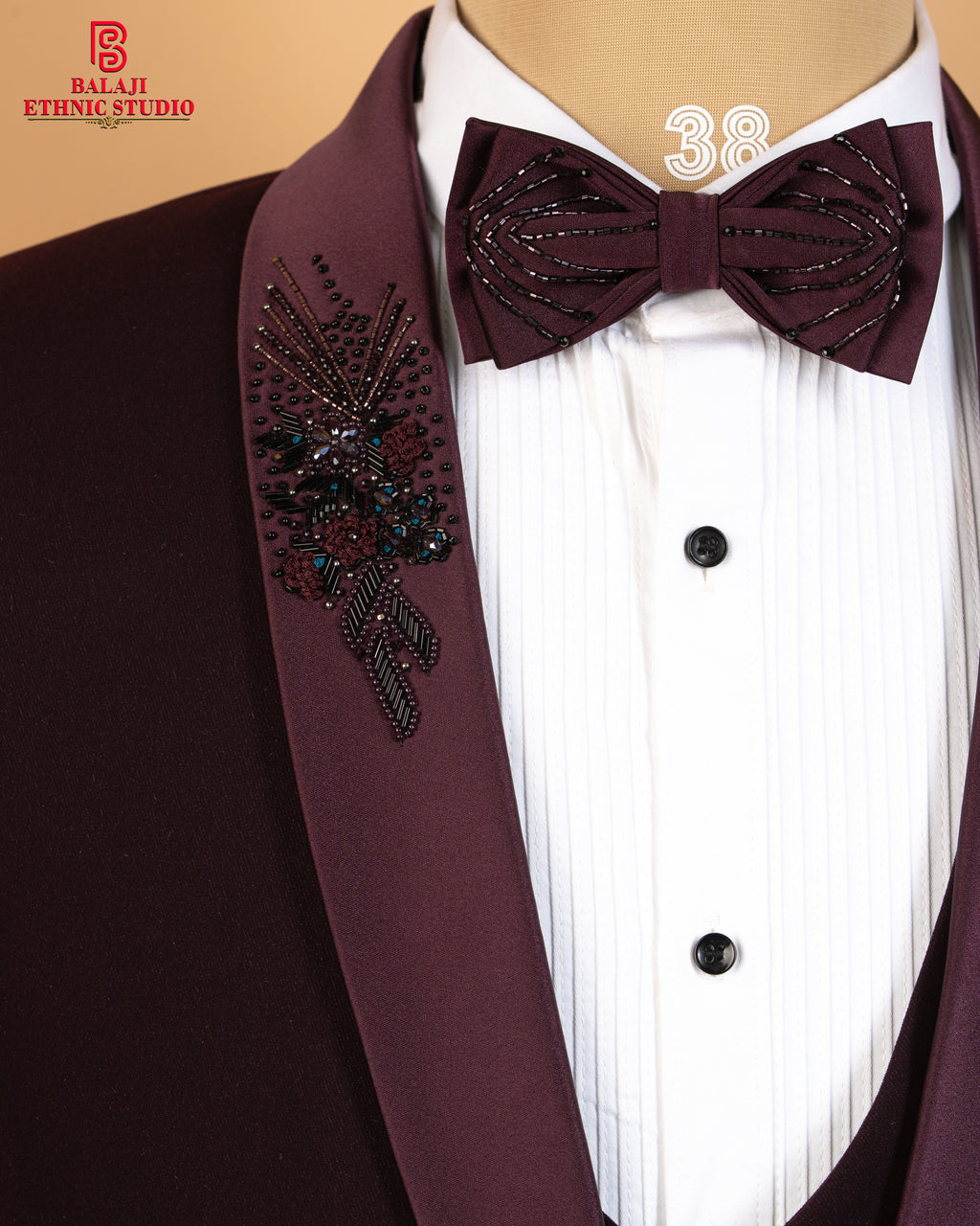 Maroon Armani Fabric 3-Piece Tuxedo Suit with Kardana, Beads & Embroidery Work
