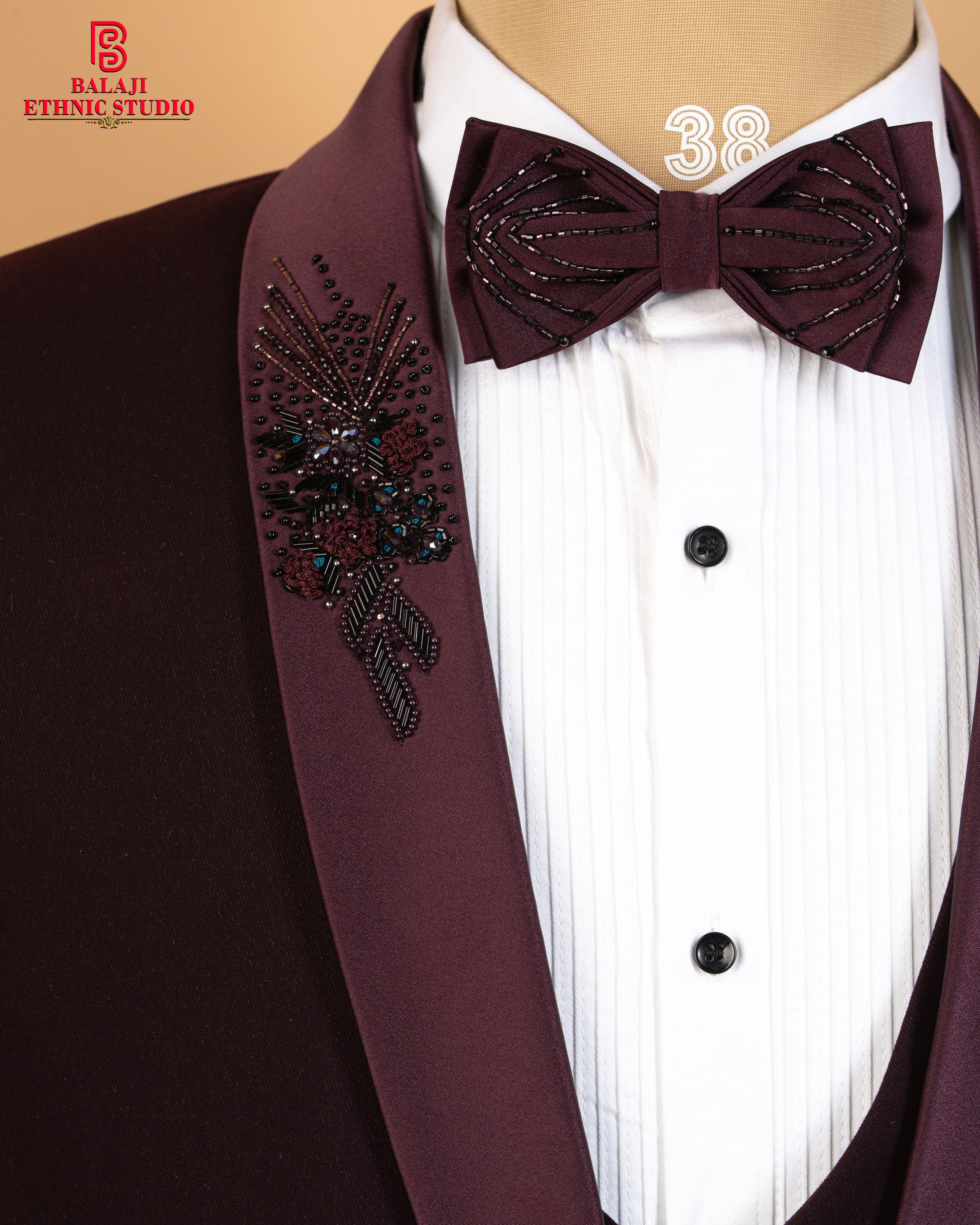 Maroon Armani Fabric 3-Piece Tuxedo Suit with Kardana, Beads & Embroidery Work