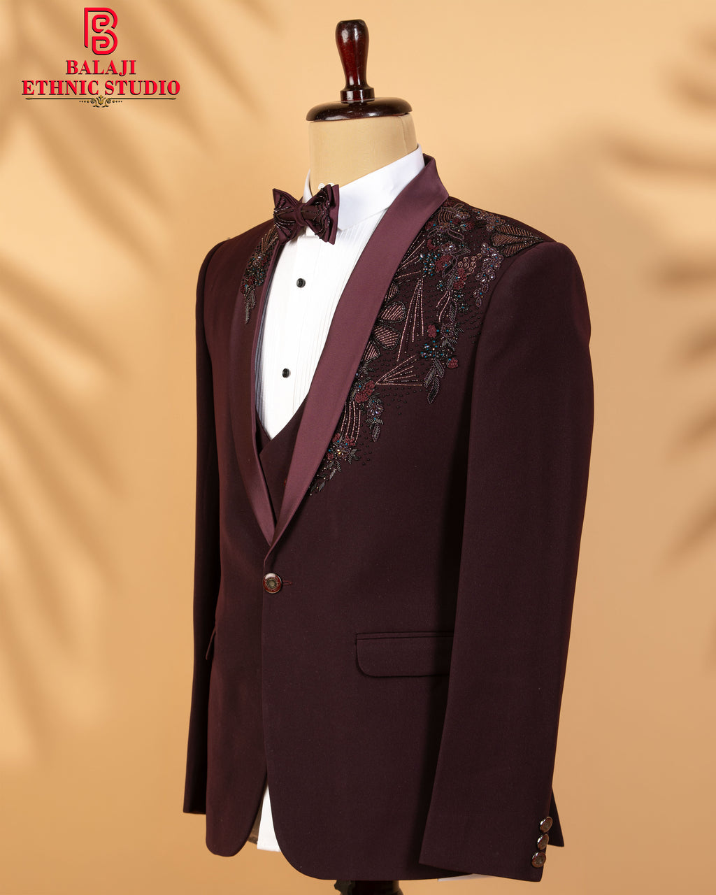 Maroon Armani Fabric 3-Piece Tuxedo Suit with Kardana, Beads & Embroidery Work